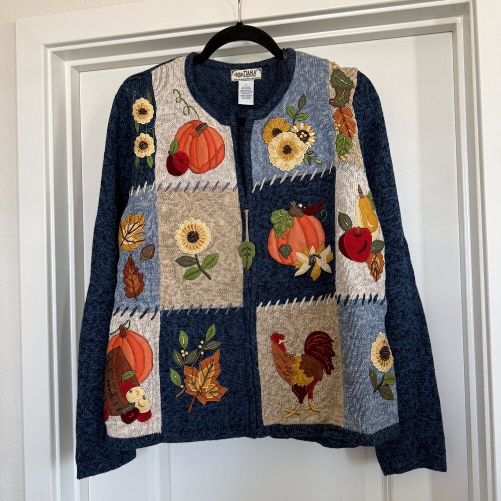 Vintage XL fall themed whimsical sweater teacher quilt embroidery beaded